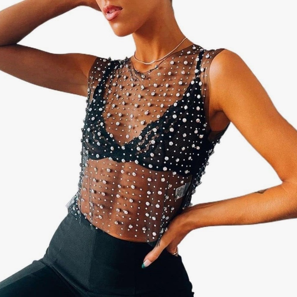 Black Mesh Pearl Rhinestone Top